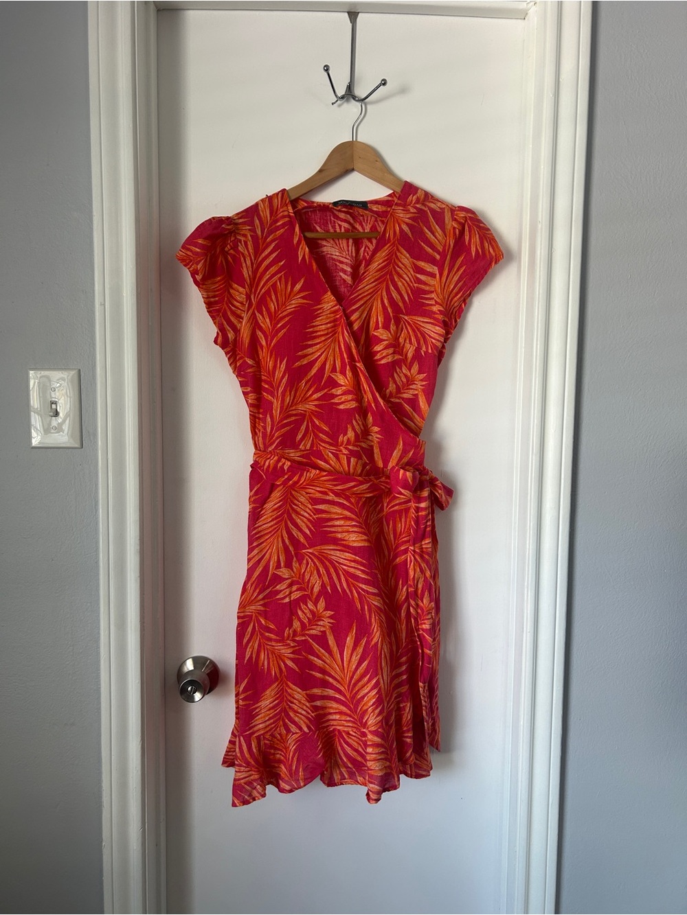 Tropical Linen Wrap Dress in Coral Pink and Orange